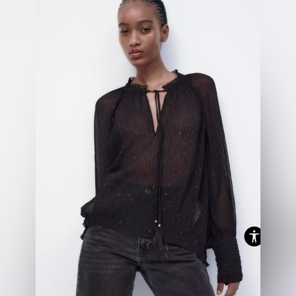 Zara Pleated Swiss Dot Blouse Black Raw Hem Ties at Side Size XS NWT